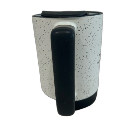 Live simply graphic White Speckled Ceramic Travel Mug with Lid and Rubber Base. - Picture 5 of 12
